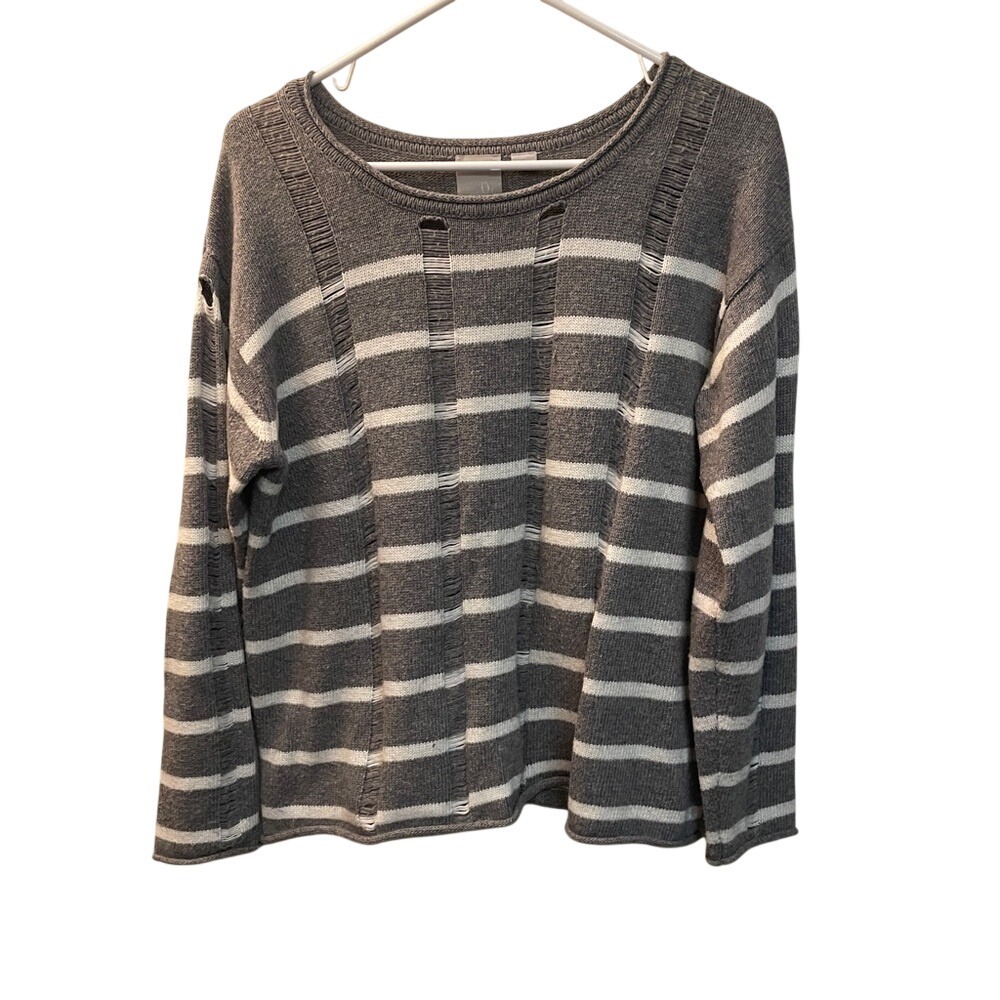 Oc Grey‎ White Striped Distressed Ladder Stitch Knit Sweater Womens Medium